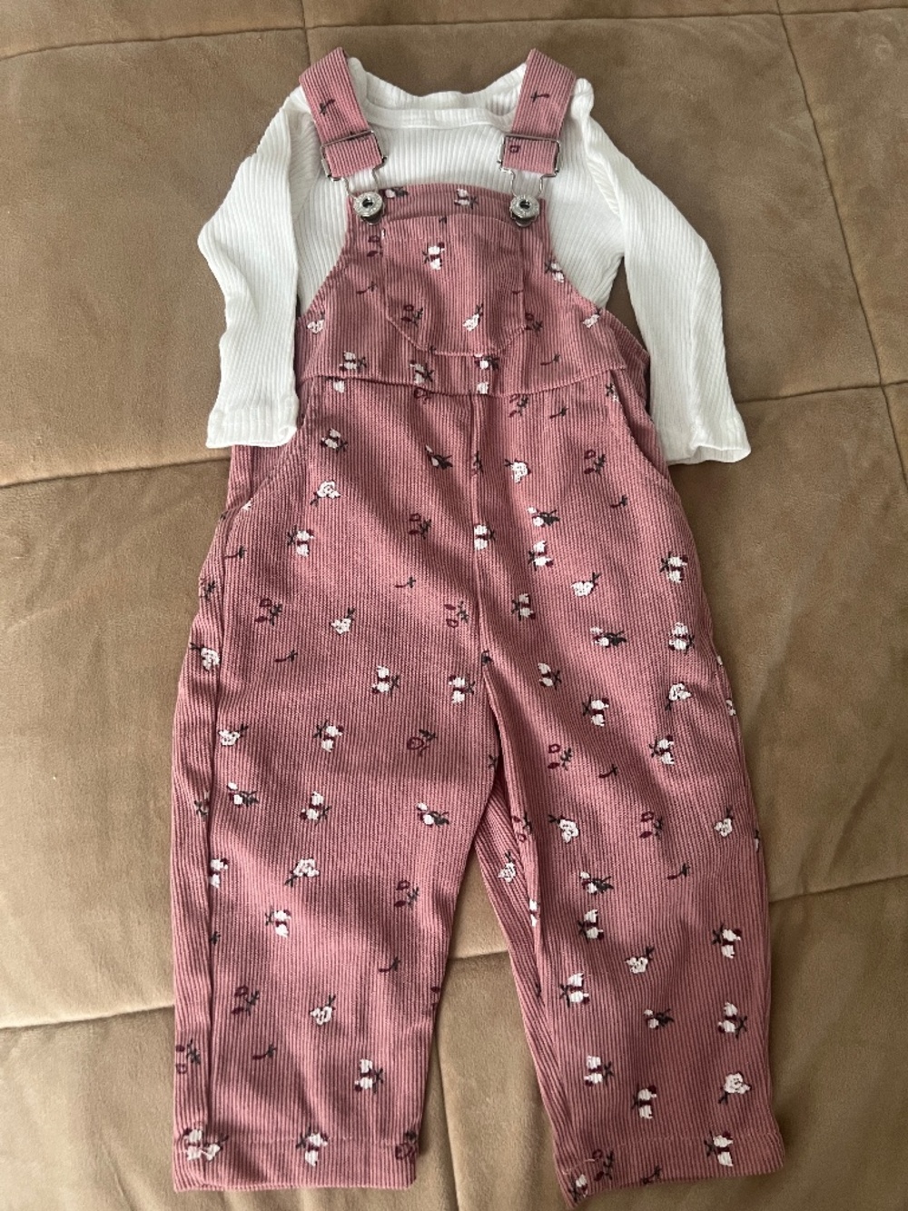 Pink Floral Corduroy Overalls Set